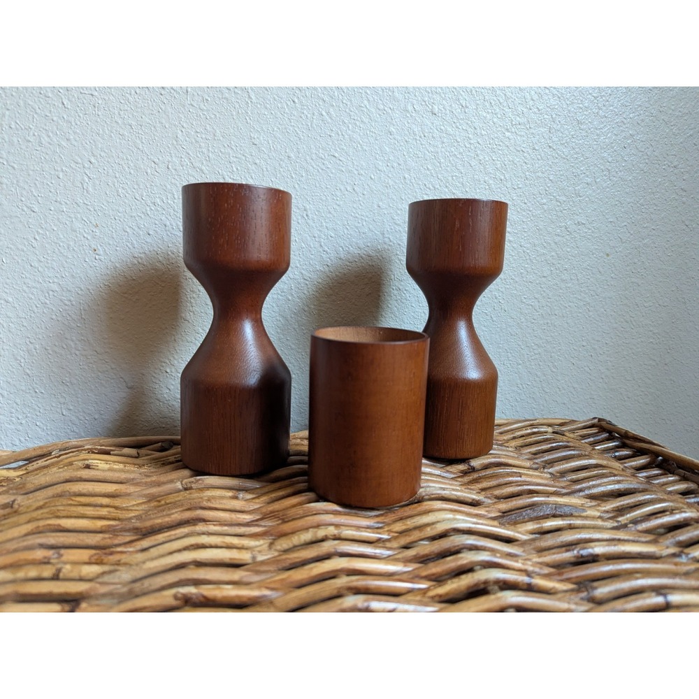 Hollowick Turned Wood Candle Holders Set Hourglass Mid Century Modern Teak